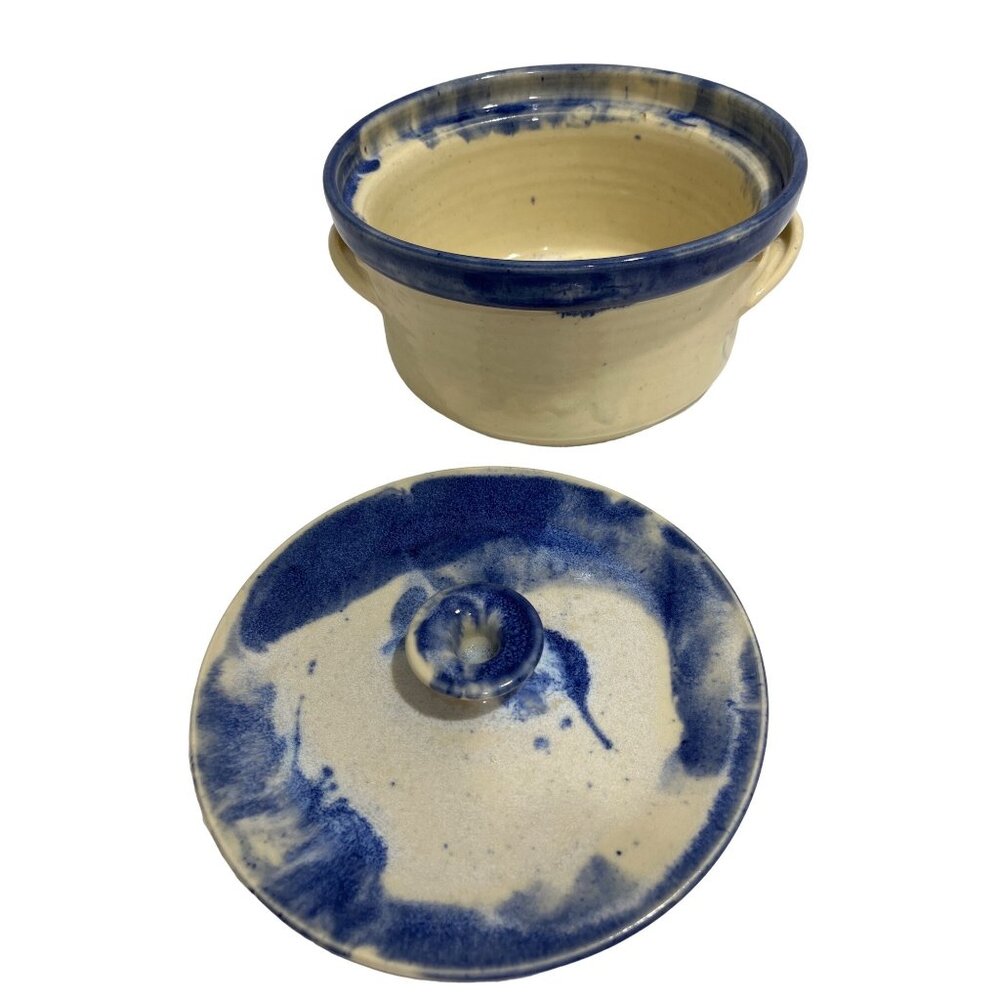 Handmade Ceramic Blue & Cream Stoneware Casserole Dish With Lid 8" Diameter - Picture 7 of 10
